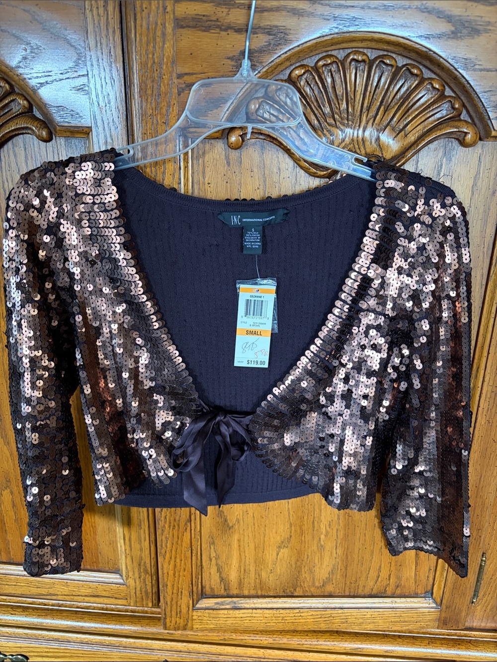 INC International Concepts Black Crop Sequin Bolero with Champagne Sequins